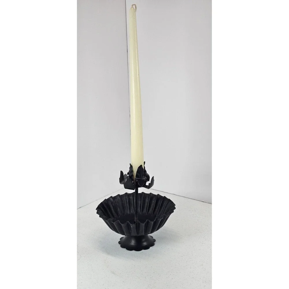 Vintage Black Metal Toleware‎ Chamberstick Candle Holder Primitive Decor Rustic